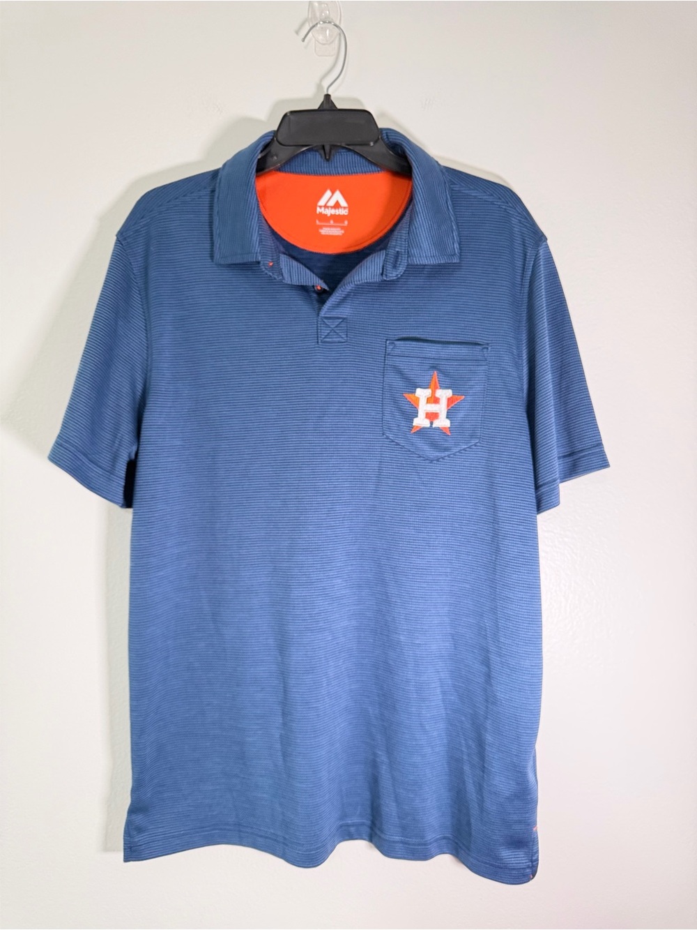 Majestic Houston Astros Polo Shirt Mens Large Blue Striped MLB Pocket